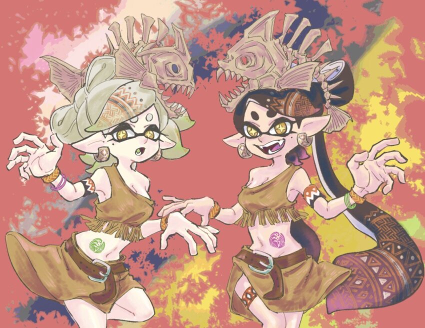 2girls alternate_costume belt bodypaint callie_(splatoon) fish_skeleton ichi27ichi inkling looking_at_viewer marie_(splatoon) multiple_girls multiple_wristbands nintendo shirt splatoon_(series) splatoon_2 tattoo wristband