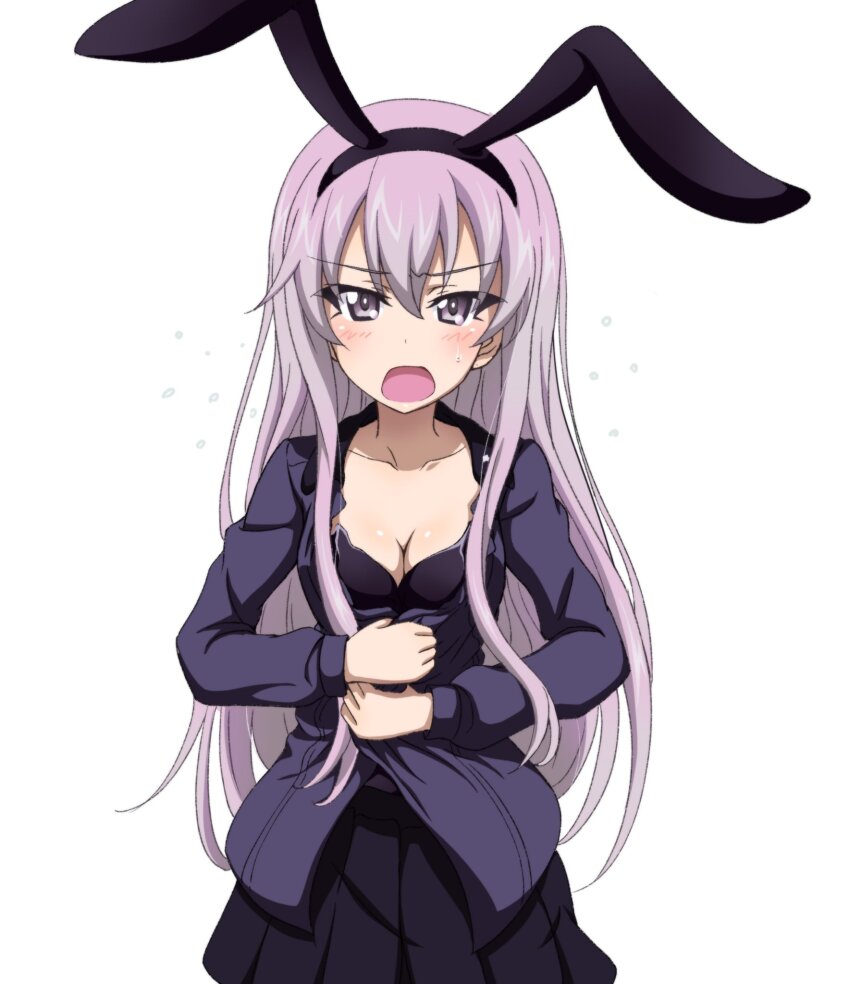 1girl adapted_costume angry animal_ear_hairband animal_ears anime_coloring black_leotard black_skirt blush breasts cleavage collarbone collared_shirt commentary_request commission covering_stomach fake_animal_ears frown girls_und_panzer girls_und_panzer_little_army grey_shirt hairband highres key_(gaigaigai123) kuromorimine_military_uniform leotard leotard_under_clothes long_hair long_sleeves miniskirt open_clothes open_mouth open_shirt pink_eyes pink_hair pleated_skirt rabbit_ear_hairband rabbit_ears sheska_(girls_und_panzer) shirt simple_background skirt strapless strapless_leotard unbuttoned white_background