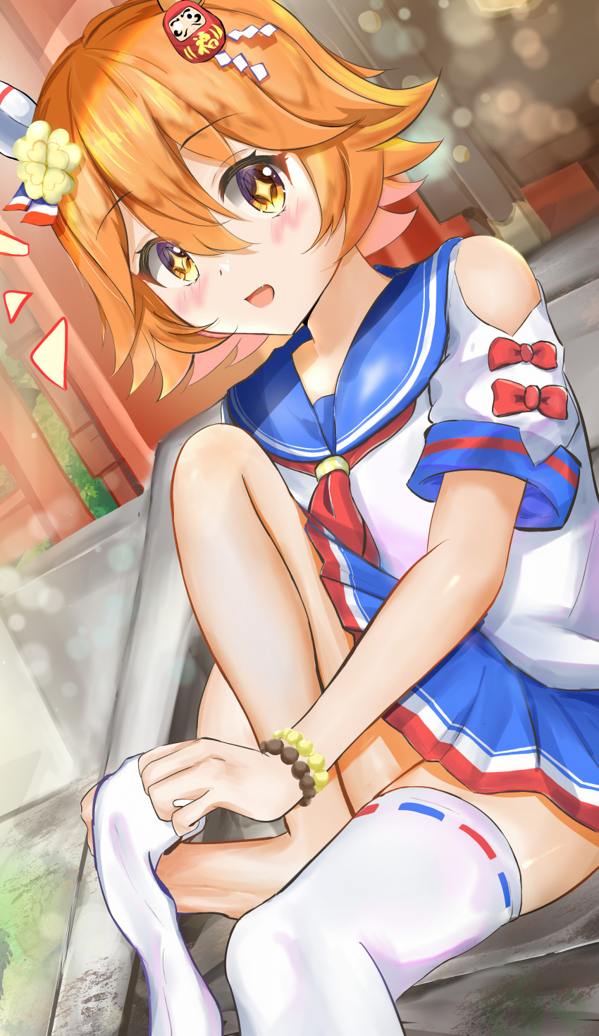 +_+ 1girl absurdres animal_ears aramocyaillust bare_shoulders barefoot bike_shorts bike_shorts_under_skirt blue_skirt blush collarbone commentary_request dressing ear_covers ema feet flipped_hair hair_between_eyes highres horse_ears horse_girl horse_tail jewelry looking_at_viewer matikanefukukitaru_(umamusume) notice_lines open_mouth orange_hair pleated_skirt school_uniform serafuku shirt single_ear_cover skirt smile solo sweat tail thighhighs umamusume white_shirt white_thighhighs yellow_eyes