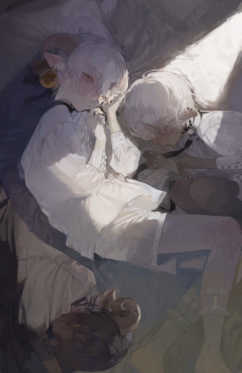 3boys absurdres animal_ears bed_sheet bell bell_earrings black_necktie black_ribbon brown_hair child curled_horns dark-skinned_male dark_skin earrings frilled_socks frills grey_hair highres horns jewelry koume_5656 light_rays long_sleeves male_focus multiple_boys muted_color necktie on_bed original pillow puffy_sleeves ribbon sheep_boy sheep_ears sheep_horns shirt short_hair shorts socks white_hair white_shirt white_shorts yellow_eyes