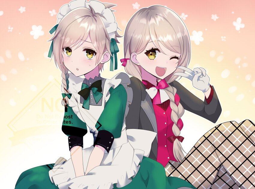1boy 1girl apron azusa_(azchemist63) blonde_hair clanne_(fire_emblem) crossdressing fire_emblem fire_emblem_engage framme_(fire_emblem) grey_hair highres maid maid_apron maid_headdress male_maid multicolored_hair nintendo pink_hair plaid_pantyhose siblings twins two-tone_hair yellow_eyes