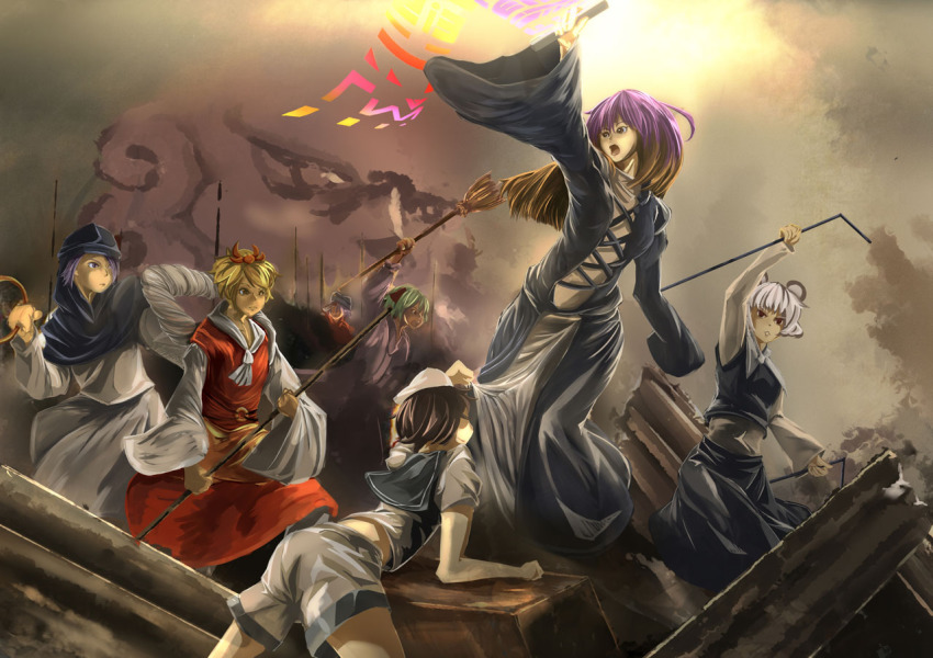 1boy 6+girls animal_ears arms_up bishamonten&#039;s_pagoda black_hair blonde_hair blue_hair broom capelet clothes_lift cloud cross-laced_clothes dowsing_rod dress female_pervert fine_art_parody gradient_hair green_eyes green_hair grey_hair hair_ornament hat hijiri_byakuren hood hsuante jewelry kasodani_kyouko kesa kumoi_ichirin layered_dress liberty_leading_the_people long_hair long_skirt long_sleeves miyako_yoshika mouse_ears mouse_tail multicolored_hair multiple_girls murasa_minamitsu nazrin open_mouth outstretched_arms parody pendant pervert polearm purple_hair ring sailor sailor_hat short_hair shorts skirt skirt_lift sorcerer&#039;s_sutra_scroll spear star_(symbol) tail toramaru_shou touhou two-tone_hair unzan weapon wide_sleeves wood yellow_eyes zombie_pose