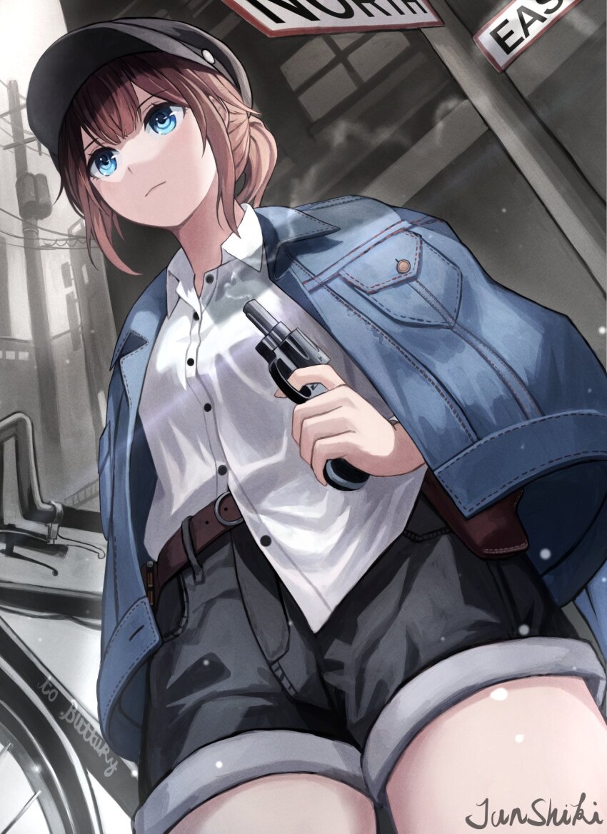 1girl belt bicycle black_hat black_shorts blue_eyes blue_jacket brown_hair closed_mouth collared_shirt commentary_request denim denim_jacket denim_shorts finger_on_trigger from_below gun handgun hat highres holding holding_gun holding_weapon holster jacket jacket_on_shoulders junshiki original revolver shirt short_hair shorts signature signpost solo untucked_shirt weapon white_shirt