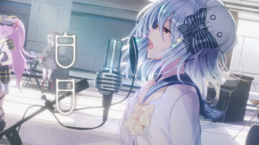 1boy 2girls beret black_hat blue_bow blue_hair blue_sailor_collar bow bowtie cardigan commentary_request copyright_name electric_guitar gittan_gittan grand_piano grey_jacket grey_skirt guitar hair_bow hakujitsu_(king_gnu) hand_up hat highres holding holding_instrument indie_virtual_youtuber indoors instrument inuyama_tamaki jacket long_hair long_sleeves medium_hair microphone multiple_girls music noripro oda_nobuhime official_art open_mouth orange_eyes piano pink_hair playing_instrument project_upd8 red_hat sailor_collar second-party_source shigure_ui_(vtuber) shigure_ui_(vtuber)_(1st_costume) singing skirt solo_focus standing studio trap upper_body virtual_youtuber yellow_bow yellow_bowtie