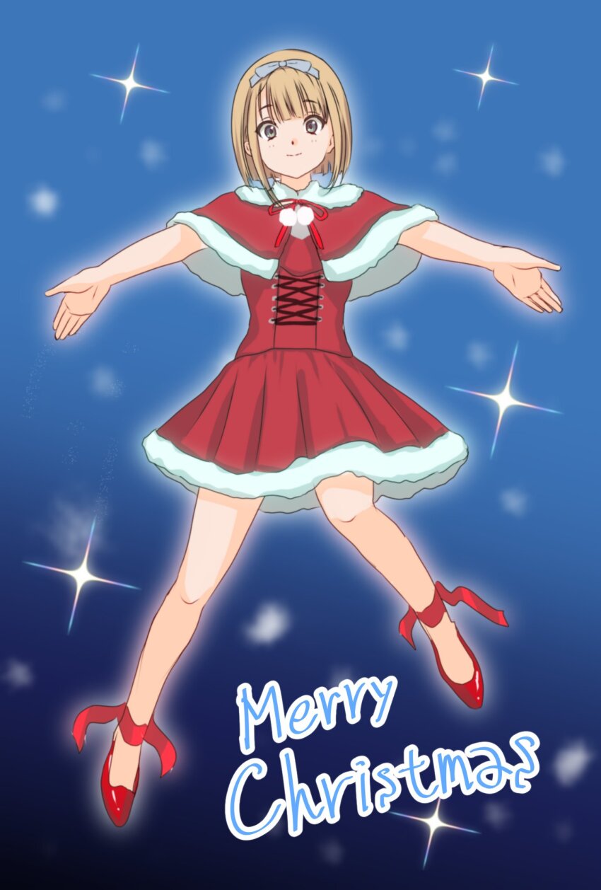 1girl 22/7 blonde_hair blue_background bxtbsy7q76gxh73 closed_mouth full_body hair_ornament hair_ribbon highres looking_at_viewer merry_christmas outstretched_arms red_footwear ribbon saito_nicole santa_costume short_hair solo spread_arms