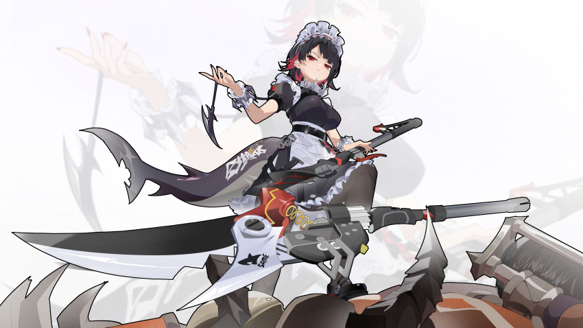 1girl absurdres black_hair black_outline black_pantyhose breasts colored_inner_hair covered_erect_nipples ear_cuffs ellen_joe fins fish_tail frilled_wristband from_below hair_ornament hairband highres holding holding_weapon jewelry large_breasts looking_at_viewer maid maid_headdress metal_hairband mole mole_on_arm mole_under_eye multicolored_hair natsuko_iman outline pantyhose red_eyes red_hair red_nails scar scar_on_tail shark_girl shark_tail shoes short_hair simple_background solo spiked_headband spring_(object) standing stepped_on tail two-tone_hair weapon white_background zenless_zone_zero