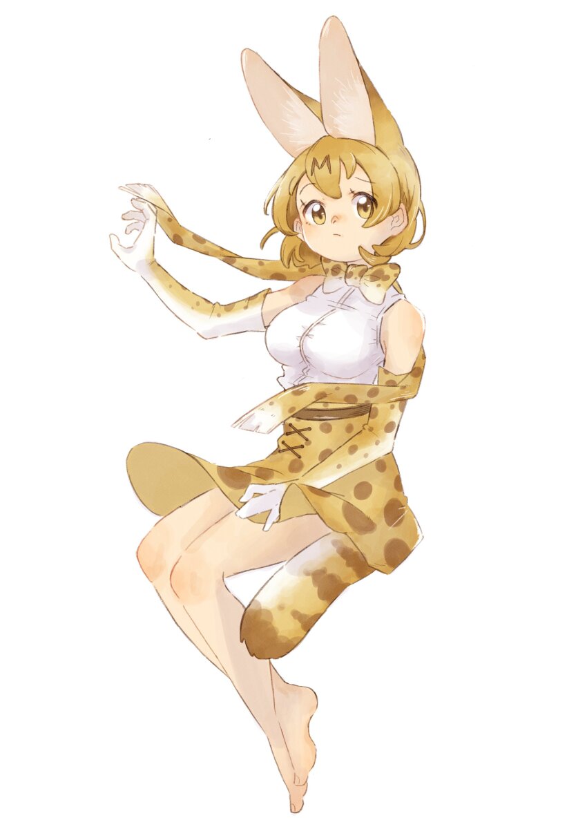 0nanaten 1girl absurdres animal_ears animal_print bare_legs bare_shoulders barefoot blonde_hair blush cat_ears cat_girl cat_tail elbow_gloves extra_ears gloves high-waist_skirt highres kemono_friends looking_at_viewer print_gloves print_skirt serval_(kemono_friends) shirt short_hair skirt sleeveless solo tail white_shirt yellow_eyes