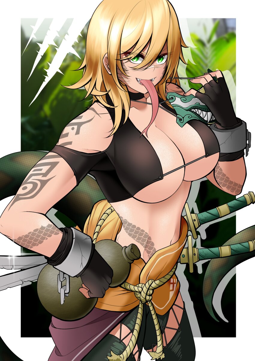 1girl absurdres arm_tattoo bare_shoulders black_choker black_gloves blonde_hair border breasts bunny_and_fox_world chain chipped_sword choker cleavage collarbone commentary crack cuffs diffraction_spikes eirian_(myrido) false_smile fangs fingerless_gloves fingernails forked_tongue gloves gourd green_eyes green_scales grey_nails hair_in_eyes highres holding holding_mask japanese_clothes katana large_breasts long_bangs long_tail long_tongue looking_at_viewer mask medium_hair midriff mouth_mask multiple_swords nail_polish navel no_bra original revealing_clothes rope_belt saltnvalk scales scar scar_on_face scar_on_nose see-through_clothes see-through_shirt see-through_silhouette shackles sheath sheathed shirt shoulder_tattoo sideboob smile snake_girl snake_tail solo split_ends straight_hair sword symbol-only_commentary tail tattoo toned toned_female tongue tongue_out underboob unworn_mask weapon white_border