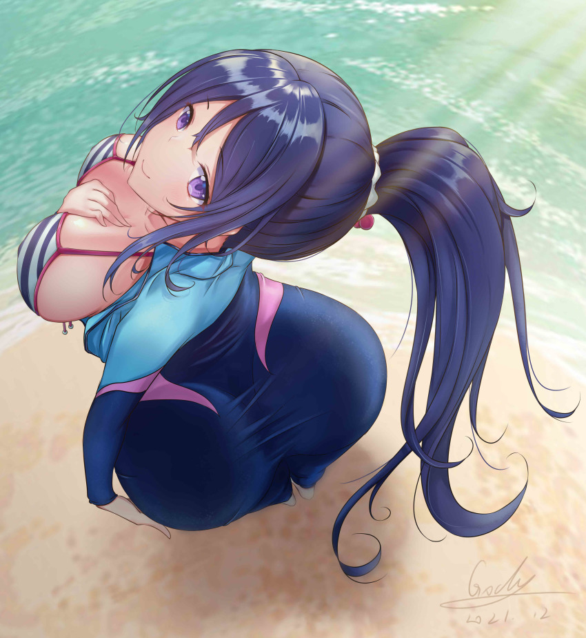 1girl absurdres artist_name artist_request ass barefoot beach bikini bikini_top_only bikini_under_clothes blue_bikini blue_bodysuit blue_hair blush bodysuit breasts center_opening cleavage collarbone diving diving_suit feet female_focus freediving from_behind front-tie_bikini_top front-tie_top full_body hair_between_eyes hair_bobbles hair_ornament hair_scrunchie halterneck high_ponytail highres large_breasts long_hair looking_at_viewer looking_back love_live! love_live!_school_idol_festival love_live!_sunshine!! matsuura_kanan nail_(hardware) nail_polish ocean open_bodysuit open_clothes outdoors parted_lips pink_nails ponytail purple_eyes scrunchie smile solo standing string_bikini striped_bikini striped_bikini_top striped_clothes sunlight swimsuit thighhighs unzipped wetsuit white_bikini white_scrunchie zipper zipper_pull_tab