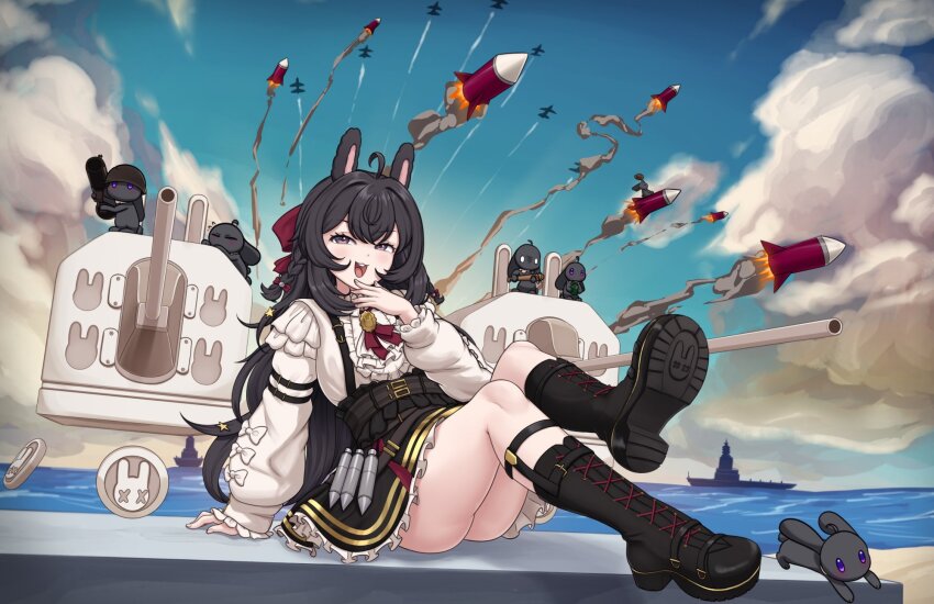 1girl ahoge animal_ears black_boots black_dress black_hair boots bow braid commentary dress efreezerarts english_commentary feet frills highres lace-up_boots long_hair long_sleeves looking_at_viewer official_alternate_costume phase_connect pipkin_pippa pipkin_pippa_(shipkin_shippa) purple_eyes rabbit_ears rabbit_girl red_ribbon ribbon shoe_soles solo virtual_youtuber