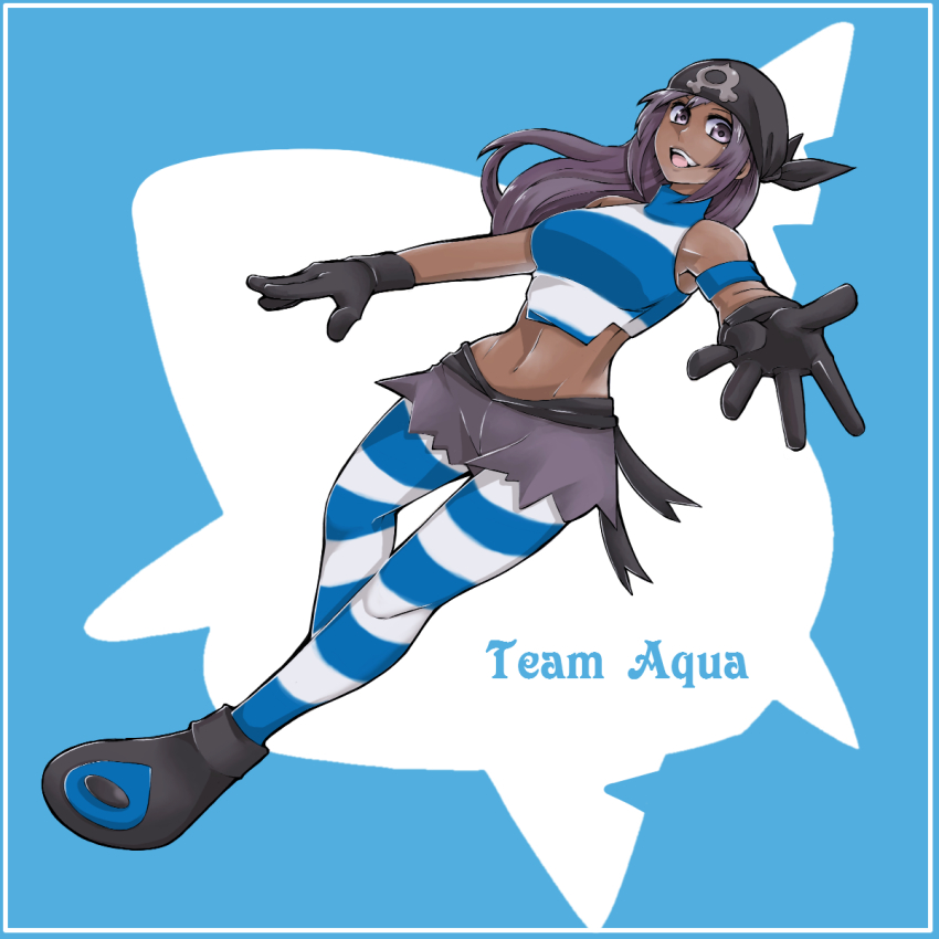 10s 1girl armband bandana bare_shoulders black_gloves blouse boots crop_top dark-skinned_female dark_skin full_body gen_3_pokemon gloves halterneck highres long_hair looking_at_viewer midriff navel nintendo npc_trainer outstretched_hand pantyhose pokemon pokemon_(creature) pokemon_oras purple_eyes purple_hair sharpedo shirt silhouette skirt smile striped_clothes striped_pantyhose striped_shirt team_aqua team_aqua_grunt team_aqua_grunt_(female) team_aqua_grunt_(oras) thighhighs tobitori toned toned_female
