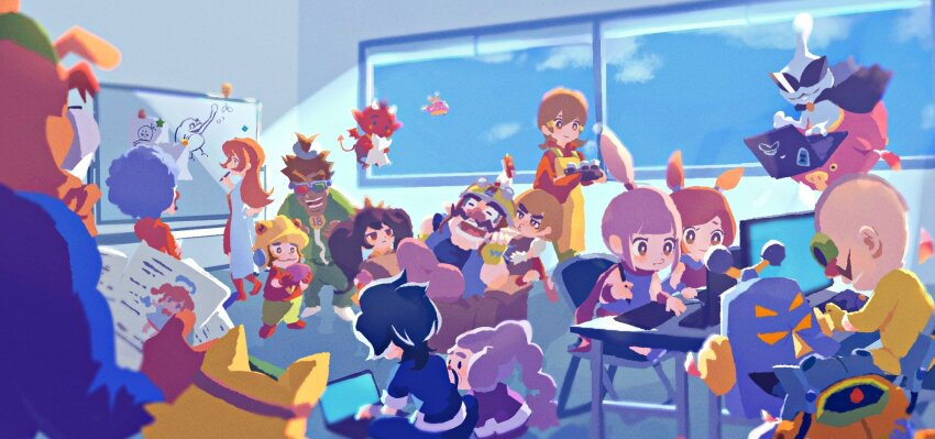 00_akishigure 18-volt 5-volt 6+boys 6+girls 9-volt alien ana_(warioware) ashley_(warioware) black_hair blue_sky bow brown_hair computer double_bun dr._crygor dribble_(warioware) fronk hair_bun highres jimmy_t kat_(warioware) laptop lulu_(warioware) master_mantis mike_(warioware) mona_(warioware) multiple_boys multiple_girls nintendo office orange_hair orbulon pyoro_(warioware) red_(warioware) red_bow red_eyes robot sky spitz sunglasses twintails wario warioware window young_cricket