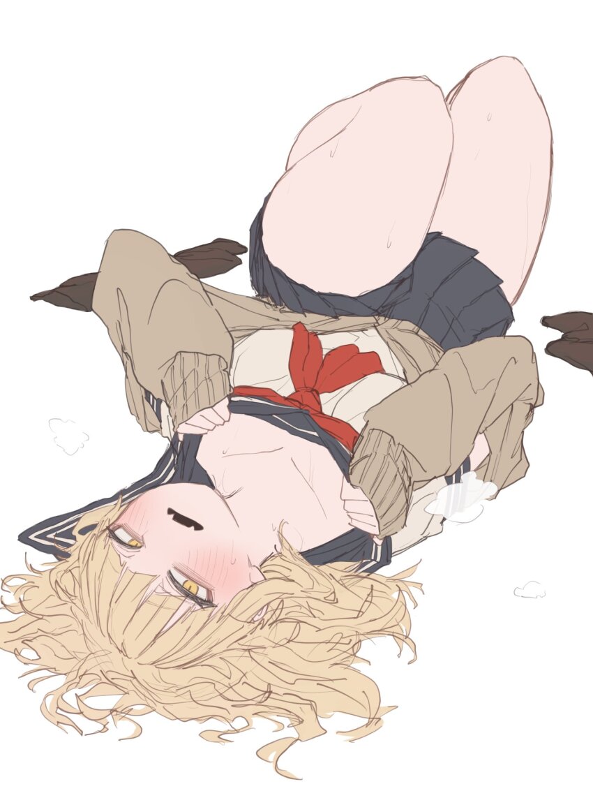 1girl blonde_hair blush boku_no_hero_academia collarbone ginjaeru long_sleeves looking_at_viewer lying on_back sailor_collar school_uniform solo sweat thighs toga_himiko white_background yellow_eyes