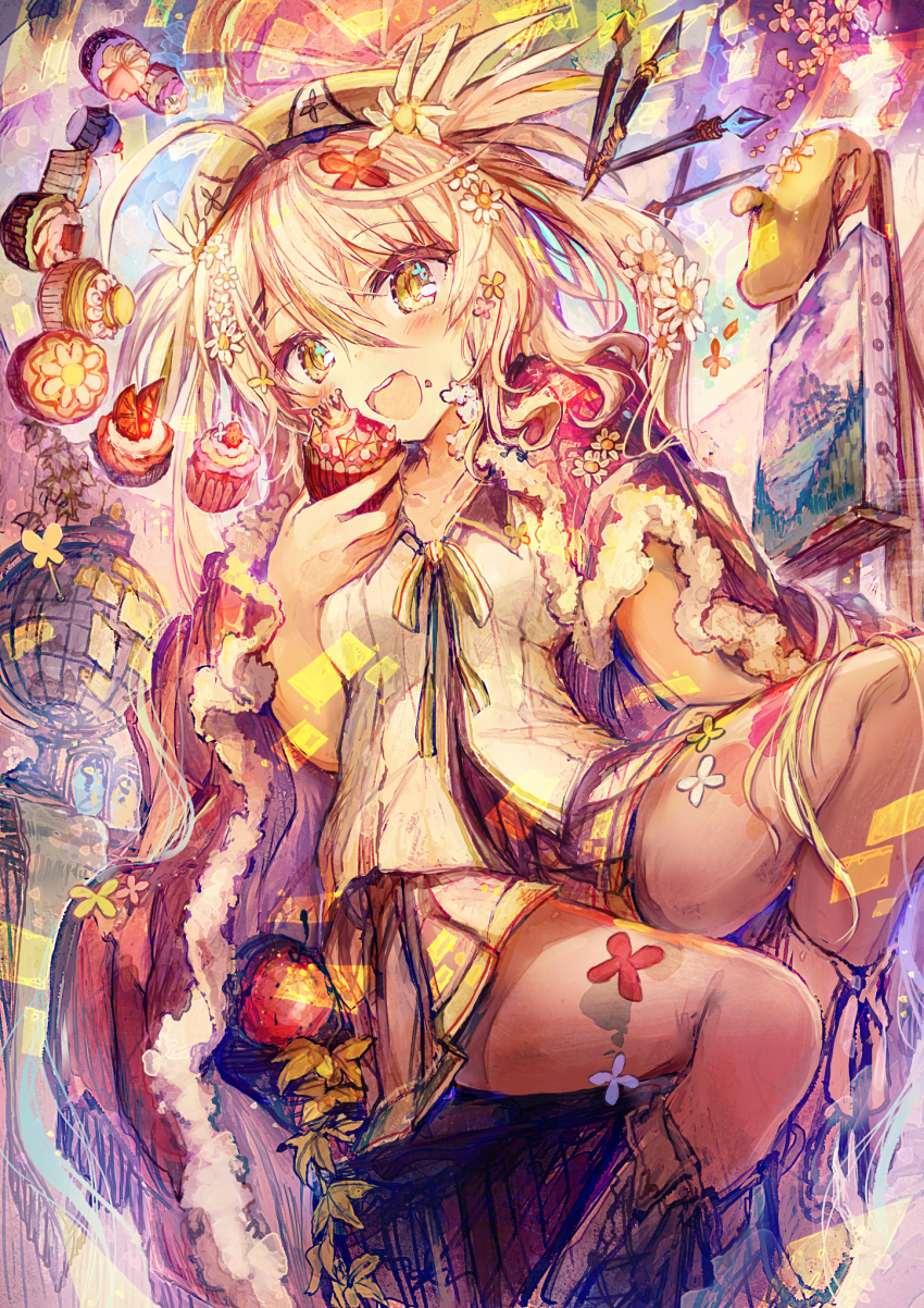 1girl :d ahoge apple beret blonde_hair boots camomi camomi_camomi canvas_(object) cape check_commentary cherry chocolate collarbone collared_shirt commentary_request crown cupcake female_focus floral_print flower food fruit globe hair_flower hair_ornament hat highres indie_virtual_youtuber leaf long_hair nanashi_inc. open_mouth painting_(object) pen self-portrait shirt sitting skirt smile solo teeth twintails v_ap_art virtual_youtuber yellow_eyes yellow_skirt