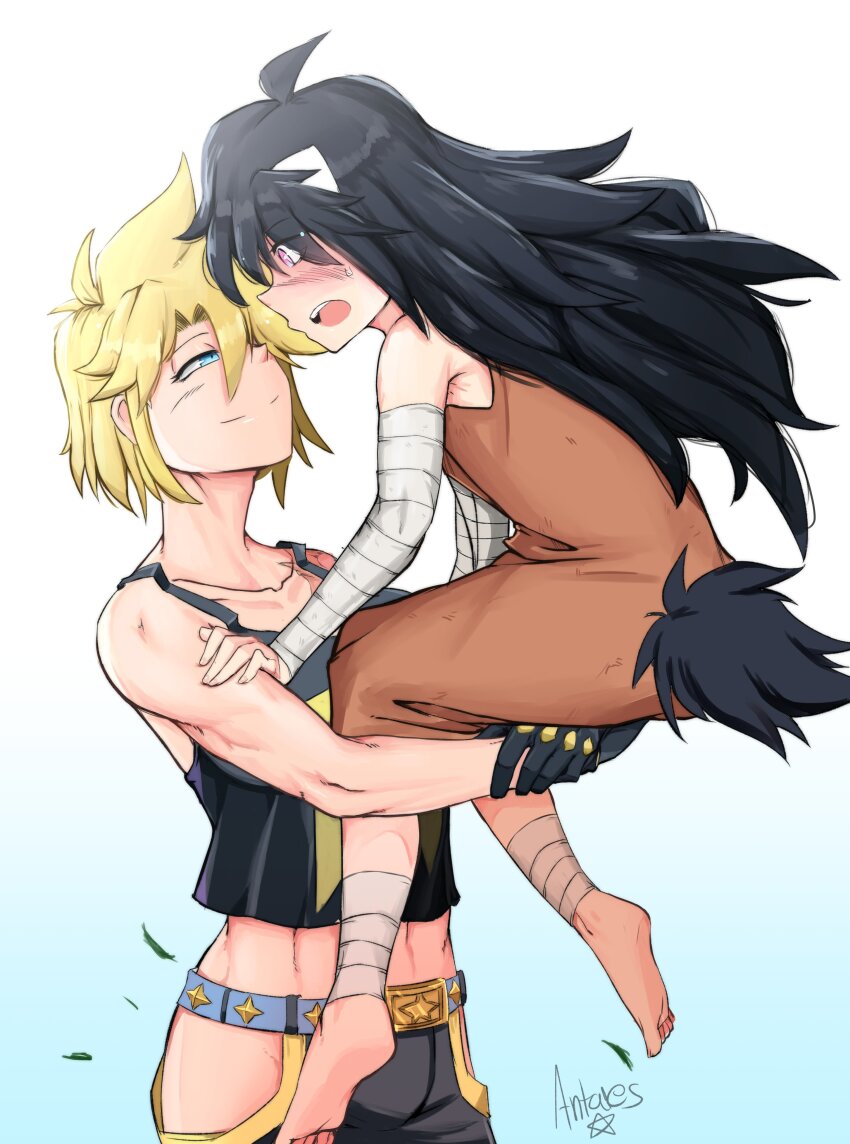 2girls absurdres ahoge antares_topaz artist_name bandaged_ankle bandaged_arm bandages bare_shoulders barefoot belt belt_buckle black_gloves black_hair black_tank_top blonde_hair blue_background blue_belt blue_eyes blush buckle child collarbone commentary crossed_arms cygni_boreas_lluminal embarrassed feet gloves gold gradient_background highres hip_vent lifting_person long_bangs long_hair long_neck looking_at_another loving_aura medium_hair mother_and_daughter multicolored_eyes multiple_girls narrowed_eyes navel pink_eyes sideways_mouth signature soles sparkling_eyes star_(symbol) star_linker symbol-only_commentary tail tank_top teeth toned toned_female topaz_(antares_topaz) two-tone_eyes upper_teeth_only white_background