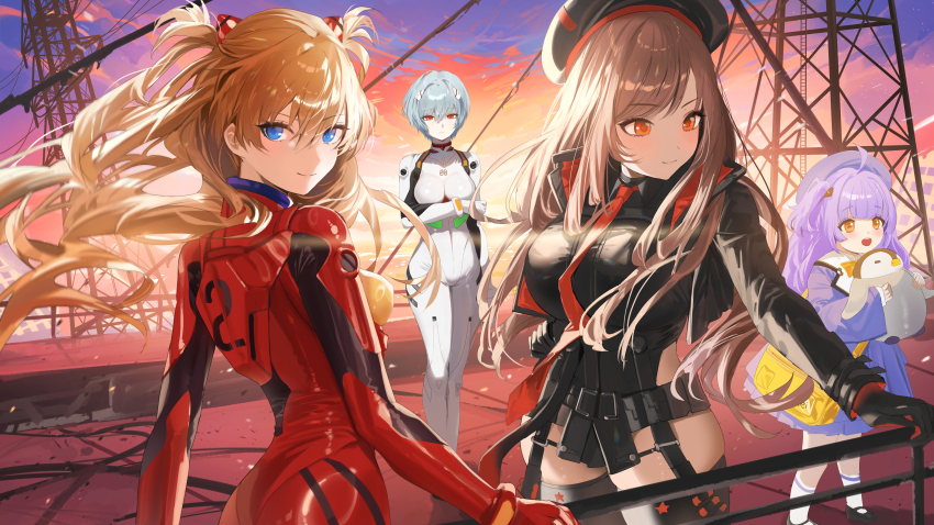 4girls absurdres arm_under_breasts ayanami_rei baby_animal bag belt_pouch beret bird black_gloves black_hat blue_eyes blue_hair bodysuit breasts brown_hair closed_mouth cloud collared_leotard cropped_jacket crossover dress gloves goddess_of_victory:_nikke hair_lift hairpods haruri hat highres large_breasts light_blue_hair long_hair looking_at_viewer mecha_pilot_suit multicolored_bodysuit multiple_girls necktie neon_genesis_evangelion non-web_source open_mouth orange_eyes orange_hair outdoors penguin penguin_chick plugsuit_(evangelion) pouch power_lines purple_dress purple_hair railing rapi_(nikke) red_bodysuit red_eyes red_necktie rei_(nikke) school_bag short_hair sky smile souryuu_asuka_langley standing sunset thighhighs translation_request transmission_tower white_bodysuit yellow_bag
