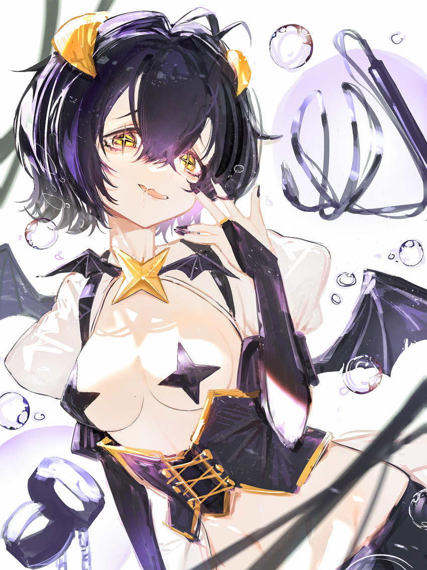 1girl absurdres black_hair black_nails breasts corset cross cross-shaped_pupils cross_pasties demon_wings fang forward_facing_horns highres hiiragi_utena horns lewenxijian looking_at_viewer low_wings magia_baiser magical_girl mahou_shoujo_ni_akogarete medium_breasts navel pants pasties purple_corset purple_pants purple_pasties riding_crop short_hair shrug_(clothing) solo symbol-shaped_pupils water_drop white_shrug wings yellow_eyes yellow_horns