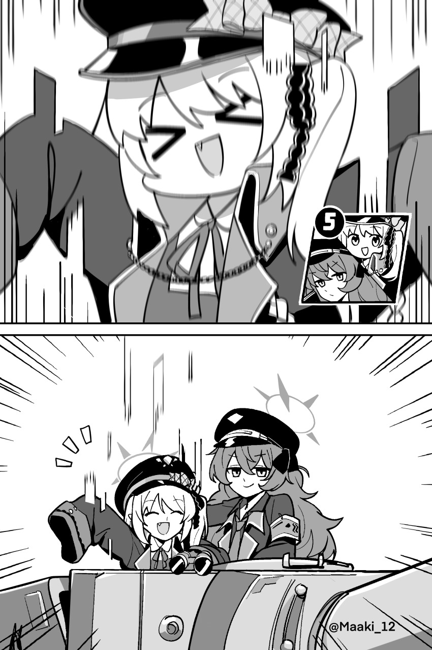 2girls absurdres blue_archive closed_mouth coat collared_shirt commentary english_commentary fang greyscale hair_between_eyes halo hat highres ibuki_(blue_archive) iroha_(blue_archive) long_hair long_sleeves maaki12 military_vehicle monochrome motor_vehicle multiple_girls neck_ribbon open_clothes open_coat open_mouth peaked_cap ribbon shirt side_ponytail sleeves_past_fingers sleeves_past_wrists smile tank twitter_username