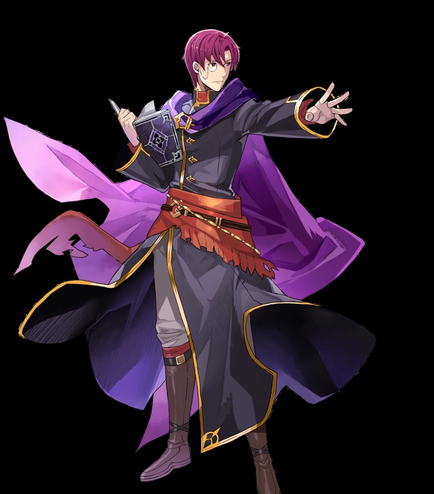 1boy belt book boots canas_(fire_emblem) cape fire_emblem fire_emblem:_the_blazing_blade fire_emblem_heroes full_body highres male_focus monocle nintendo official_art purple_eyes purple_hair solo tobi_(kotetsu) transparent_background
