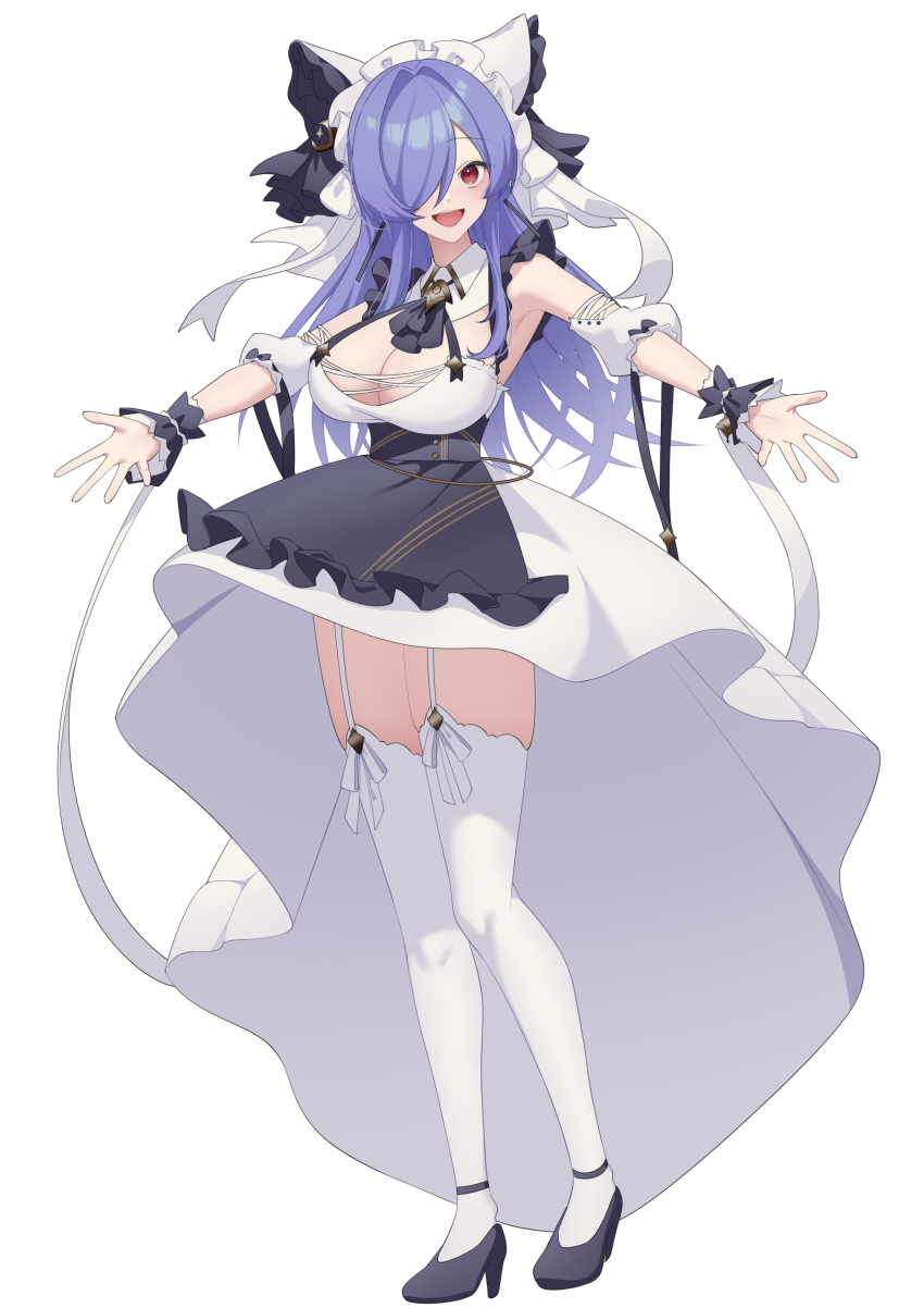 1girl absurdres animal_ears apron azur_lane black_shoes blue_hair breasts cheshire_(azur_lane) cheshire_(azur_lane)_(cosplay) cleavage commentary_request commission cosplay detached_sleeves fake_animal_ears frilled_hairband frills full_body garter_straps hairband high_heels highres lace lace-trimmed_thighhighs lace_trim large_breasts long_hair long_ribbon looking_at_viewer maid_headdress open_mouth outstretched_arms pixiv_commission puffy_detached_sleeves puffy_sleeves purple_apron red_eyes seele0907 shoes simple_background solo spread_arms standing thighhighs trento_(azur_lane) white_background white_garter_straps white_thighhighs wrist_cuffs