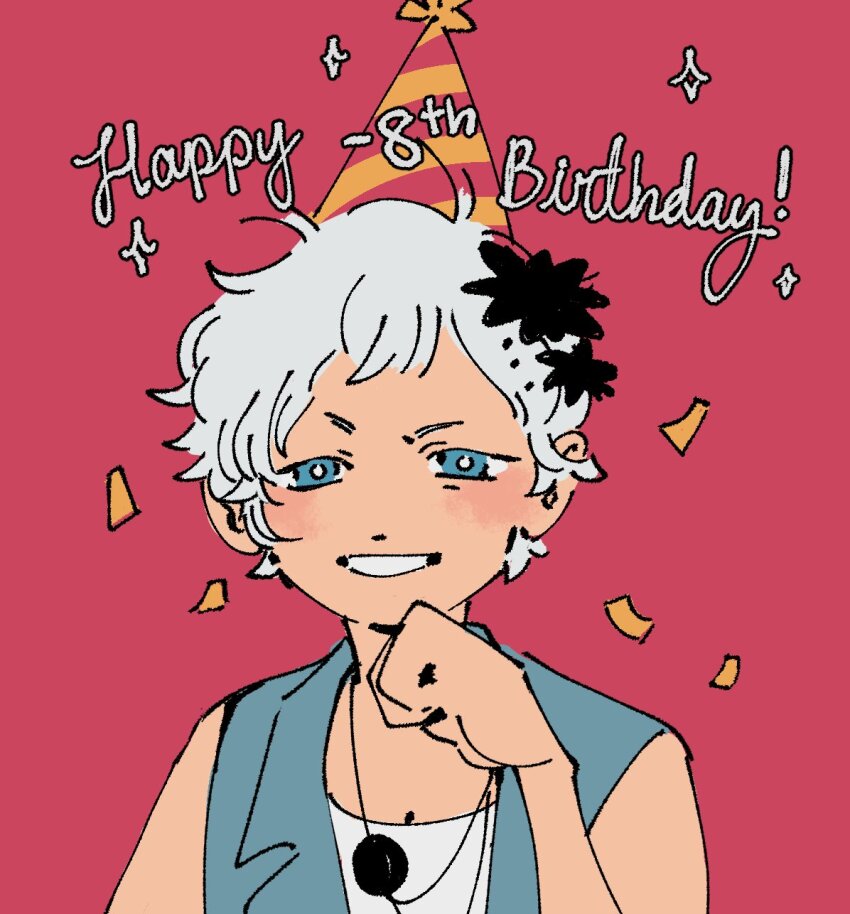 1girl black_flower blue_eyes blue_jacket blush blush_stickers chaie commentary confetti english_commentary english_text flower hair_flower hair_ornament hand_on_own_chin happy_birthday hat highres jacket jewelry kyokugen_dasshutsu kyokugen_dasshutsu_adv:_zennin_shibou_desu necklace party_hat phi_(kyokugen_dasshutsu) pink_background shirt short_hair simple_background sleeveless smile solo sparkle spoilers very_short_hair white_hair white_shirt