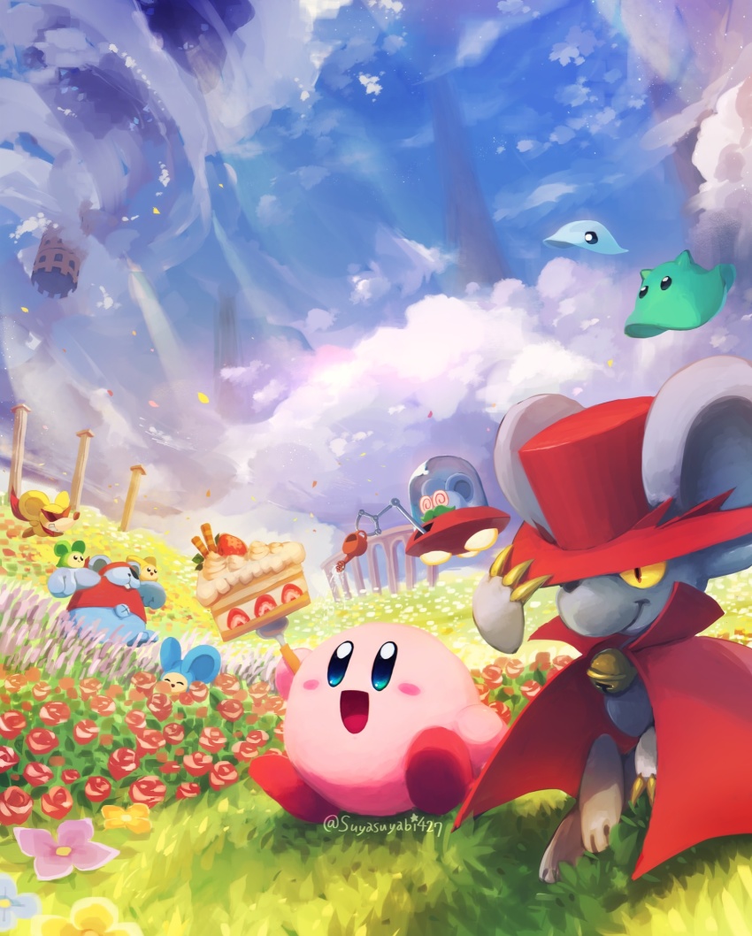 :d arm_up bell blue_eyes blush blush_stickers cake cake_slice cape cloak cloud colonnade column daroach day doc_(kirby) eyepatch field flower flower_field food fork fruit grass happy hat highres holding holding_fork jingle_bell kirby kirby_(series) kirby:_squeak_squad mouse_(animal) nintendo no_humans open_mouth outdoors pillar pink_flower red_cape red_cloak red_flower red_footwear red_headwear red_shirt ruins shirt sky smile spinni squeakers storo strawberry strawberry_shortcake sunglasses suyasuyabi top_hat ufo watering watering_can yellow_flower
