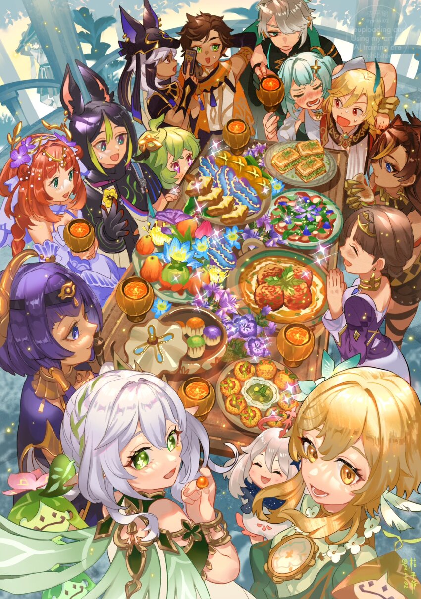 +_+ 6+boys 6+girls :d ^_^ ahoge alhaitham_(genshin_impact) animal_ears annotation_request aqua_hair aranara_(genshin_impact) arm_behind_head baklava bare_shoulders black_gloves black_hair black_hat black_headband blonde_hair blue_eyes blue_flower blush brown_hair candace_(genshin_impact) cape card closed_eyes collei_(genshin_impact) commentary_request crossed_bangs cup cyno_(genshin_impact) dehya_(genshin_impact) detached_sleeves double_bun dunyarzad_(genshin_impact) eye_of_horus fake_animal_ears faruzan_(genshin_impact) fingernails flower food fox_ears genius_invokation_tcg genshin_impact gloves green_cape green_eyes green_hair green_sleeves hair_between_eyes hair_bun hair_flower hair_ornament hair_over_one_eye hand_up hat headband highres holding holding_card holding_cup holding_food jackal_ears kalpalata_lotus kaveh_(genshin_impact) kippeijii lappet long_hair looking_at_viewer looking_to_the_side lower_teeth_only lumine_(genshin_impact) lumine_(knight_of_flowers)_(genshin_impact) multicolored_hair multiple_boys multiple_girls mushroom nahida_(genshin_impact) nilotpala_lotus_(genshin_impact) nilou_(breeze_of_sabaa)_(genshin_impact) nilou_(genshin_impact) nose_blush official_alternate_costume open_mouth own_hands_together paimon_(genshin_impact) parted_bangs partially_annotated purple_eyes purple_flower purple_hair red_eyes red_hair rukkhashava_mushroom_(genshin_impact) scaramouche_(genshin_impact) sethos_(genshin_impact) short_hair short_hair_with_long_locks side_ponytail sitting sleeveless small_sweatdrop smile streaked_hair sumeru_rose_(genshin_impact) sunsettia_(genshin_impact) symbol-shaped_pupils tassel teeth tighnari_(genshin_impact) twitter_username very_long_hair wanderer_(genshin_impact) white_hair x_hair_ornament yellow_eyes zaytun_peach_(genshin_impact)