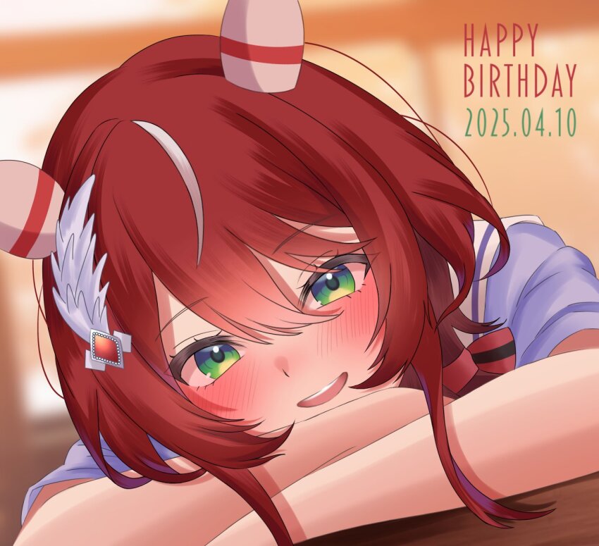 1girl animal_ears blush dated ear_covers feather_hair_ornament feathers green_eyes hair_between_eyes hair_ornament happy_birthday highres horse_ears horse_girl kosaki_03 looking_at_viewer puffy_short_sleeves puffy_sleeves purple_shirt red_hair school_uniform shirt short_sleeves smile solo tracen_school_uniform umamusume win_variation_(umamusume)