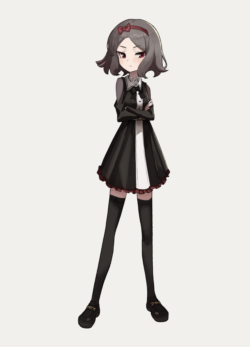 1girl :/ absurdres arms_under_breasts belt belt_buckle black_bow black_bowtie black_dress black_shoes black_thighhighs bow bow_hairband bowtie breasts brown_hair buckle closed_mouth clothing_cutout collared_dress commentary_request contrapposto crossed_arms dress ebizuka_tomo full_body girls_band_cry hairband hand_on_own_arm highres loafers long_sleeves looking_at_viewer miniskirt parted_bangs pleated_skirt red_bow red_eyes red_hairband red_skirt shoes short_dress short_hair shoulder_cutout simple_background skirt small_breasts solo standing tachi-e thick_eyelashes thiepriest thighhighs turning_head v-shaped_eyebrows white_background white_belt zettai_ryouiki