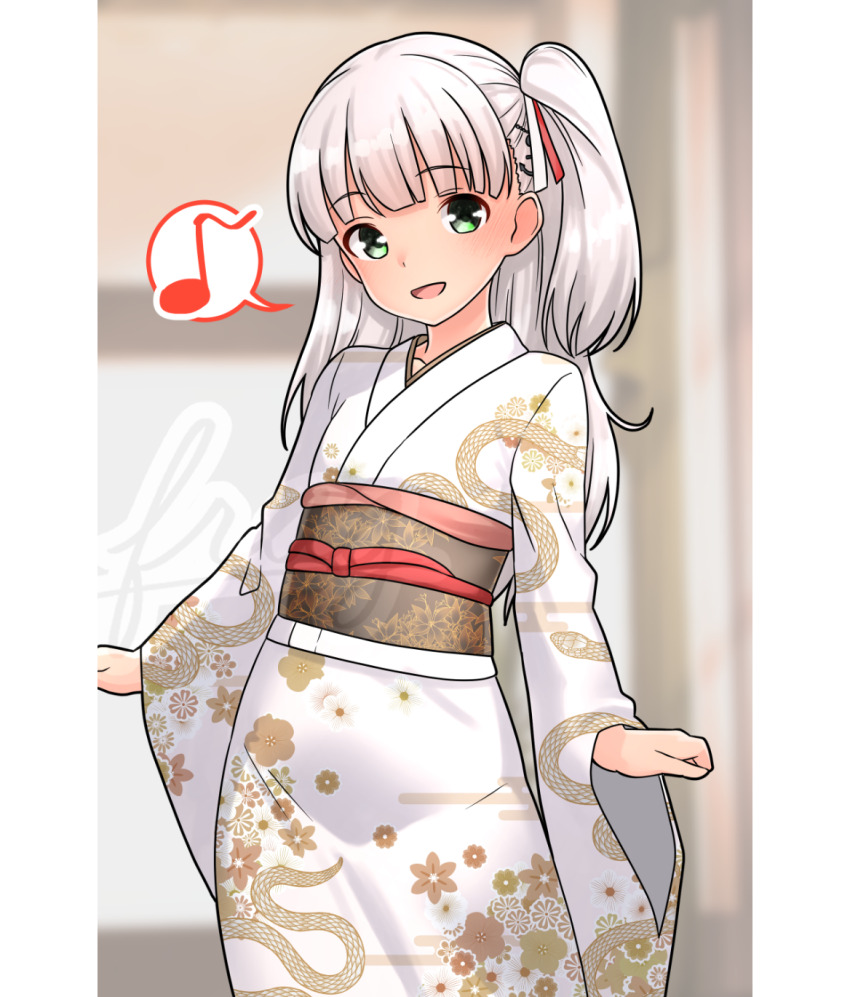 1girl alternate_costume blush chinese_zodiac commentary_request furaggu_(frag_0416) green_eyes grey_hair hair_ribbon highres indoors japanese_clothes kantai_collection kimono long_hair long_sleeves looking_at_viewer maestrale_(kancolle) music musical_note obi one_side_up open_mouth ribbon sash singing smile snake_print solo white_kimono wide_sleeves year_of_the_snake