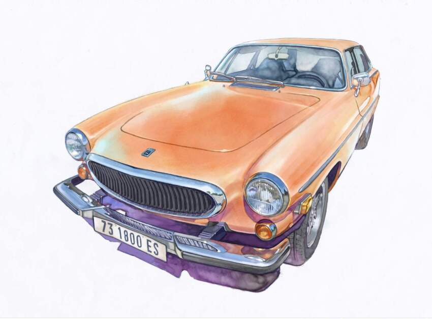 asai_takashi car motor_vehicle no_humans orange_car original steering_wheel vehicle_focus volvo volvo_1800es white_background