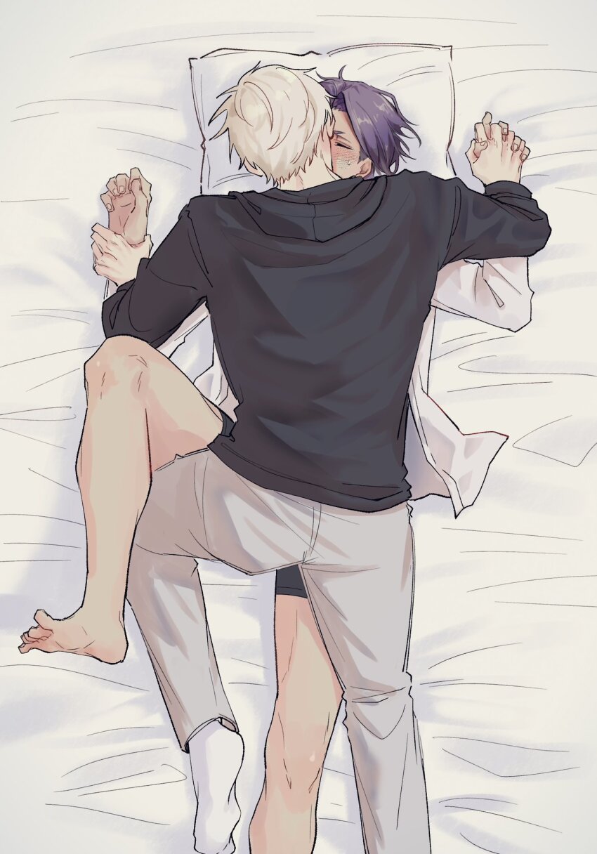 2boys barefoot bed_sheet black_hoodie black_male_underwear blue_lock blush boxer_briefs closed_eyes grey_pants highres holding_another&#039;s_wrist hood hood_down hoodie kiss knee_up lying lying_on_person male_focus male_underwear mikage_reo multiple_boys nagi_seishirou on_back on_bed pants pillow purple_hair sentya_s shirt socks underwear white_hair white_shirt white_socks yaoi