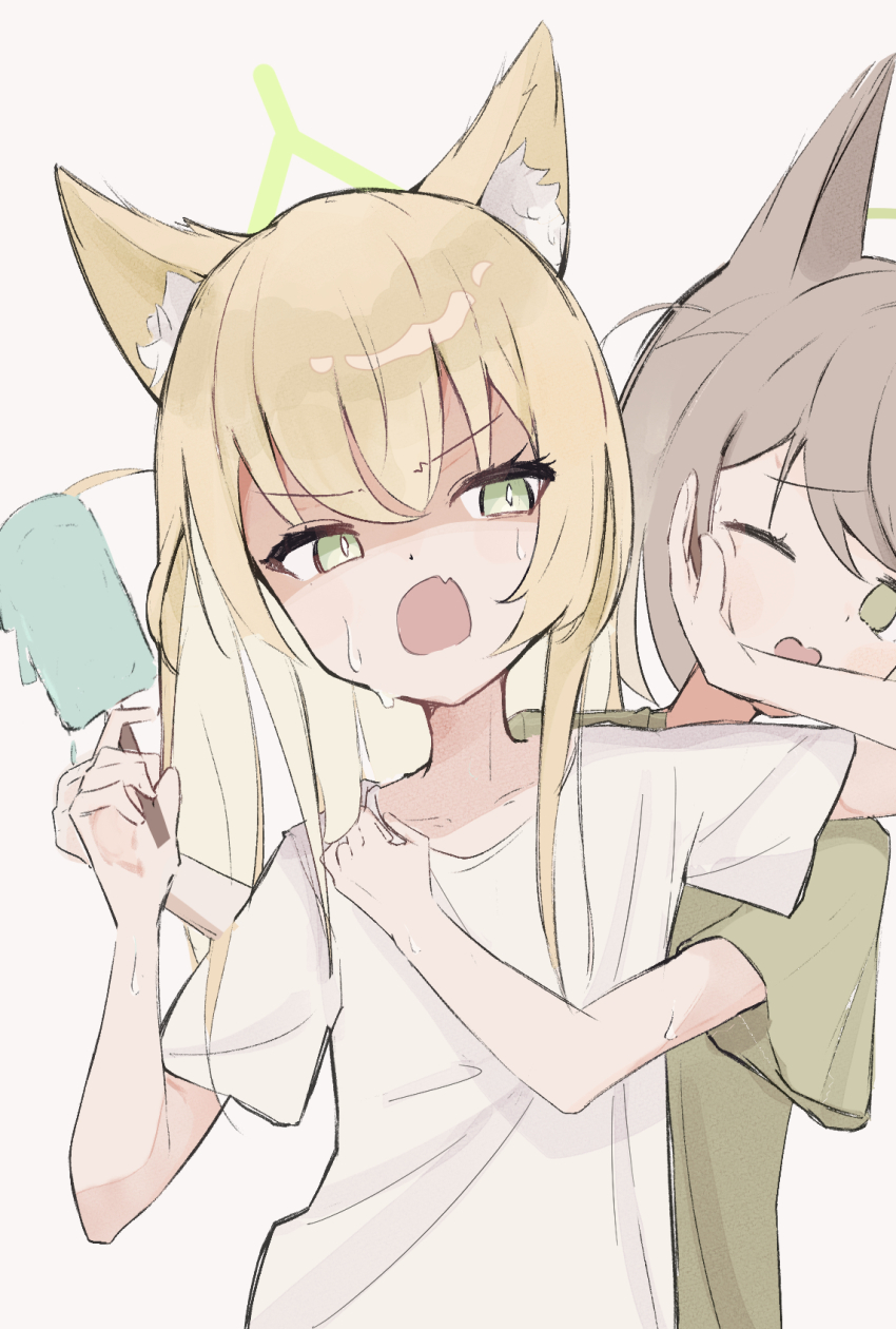 2girls angry animal_ear_fluff animal_ears blonde_hair blue_archive food fox_ears fox_girl green_eyes green_halo green_shirt grey_hair hair_between_eyes half-closed_eyes halo highres ice_cream kurumi_(blue_archive) long_hair medium_hair multiple_girls one_eye_closed open_mouth otogi_(blue_archive) pushing pushing_away pushing_face ria_(52266382) shaded_face shirt simple_background sweat white_background white_shirt
