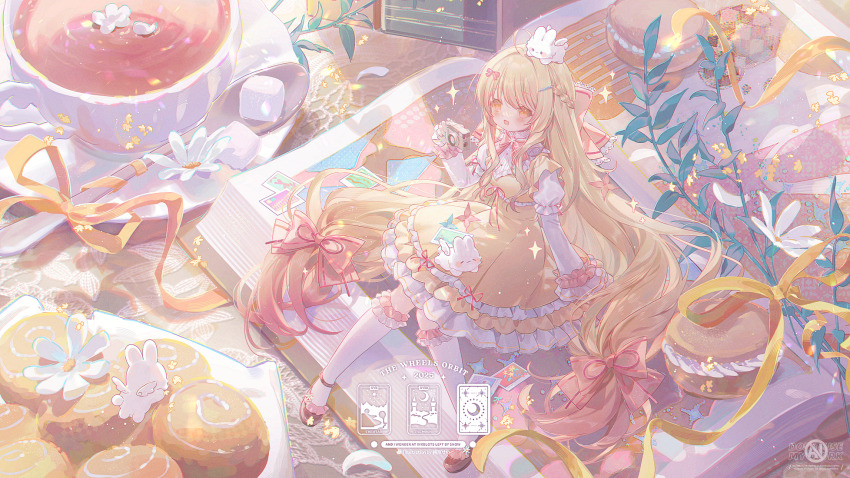 1girl ahoge blonde_hair book bow braid camera commission cookie cup dress flower food frilled_dress frilled_socks frills full_body hair_bow hair_flower hair_ornament highres holding holding_camera long_hair long_sleeves mini_person minigirl original photo_(object) plate red_bow ribbon sitting socks sparkle spoon sugar_cube tea teacup umehara_sei very_long_hair white_dress white_flower white_rabbit_(animal) white_socks yellow_bow yellow_ribbon