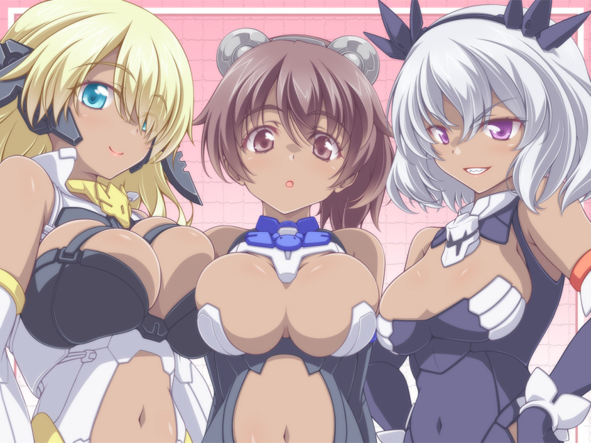 30_minutes_sisters 3girls blue_eyes blush breast_press breasts brown_eyes brown_hair character_request cleavage covered_navel dark-skinned_female dark_skin grey_hair grin hands_on_own_hips ilshana_(30ms) kikuchi_tsutomu large_breasts lirinel_(30ms) long_hair looking_at_viewer luluce_(30ms) multiple_girls navel open_mouth pink_lips ponytail purple_eyes short_hair smile tongue