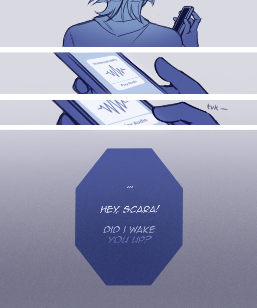 1boy alphastroo alternate_costume blunt_ends break_up casual cellphone contemporary crazy english_text genshin_impact highres holding holding_phone implied_break_up male_focus monochrome phone scaramouche_(genshin_impact) shirt solo speech_bubble