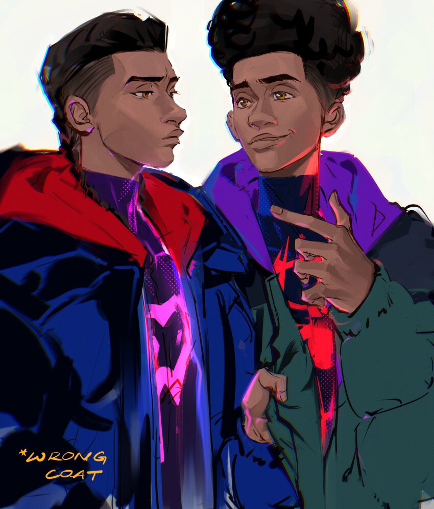 2boys absurdres afro animal_print aqua_coat aqua_sleeves black_hair black_shirt blue_coat blue_sleeves brown_eyes chinese_commentary closed_mouth coat coat_tug commentary_request dark-skinned_male dark_skin dripping dual_persona earrings english_text expressionless fingernails half-closed_eyes heart heart_print highres hood hood_down hooded_coat jewelry kami_off_record long_sleeves looking_at_another male_focus marvel miles_g._morales miles_morales multiple_boys open_clothes open_coat parted_lips pointing pointing_at_another puffy_long_sleeves puffy_sleeves purple_hood red_hood shirt short_hair simple_background sleeves_past_wrists smirk spider-man:_across_the_spider-verse spider-man:_into_the_spider-verse spider-man_(series) spider-verse spider_print stud_earrings thick_eyebrows turtleneck upper_body very_dark_skin white_background zipper