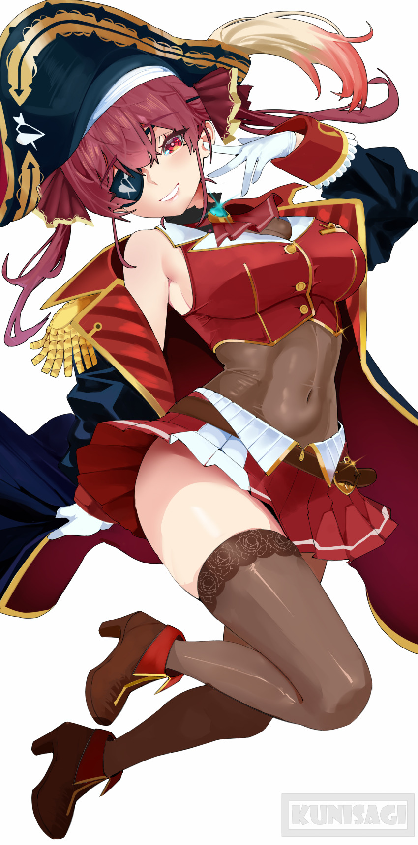 1girl absurdres aqua_gemstone arrow_through_heart artist_logo artist_name ascot bare_shoulders belt black_choker black_coat black_hat breasts brown_belt brown_leotard brown_shirt brown_shoes brown_thighhighs choker coat commentary covered_navel cropped_jacket english_commentary epaulettes eyepatch frilled_choker frills gem glint gloves grin hair_ribbon hat heart heart_print highres hololive houshou_marine houshou_marine_(1st_costume) jacket jumping large_breasts leon_kunisagi leotard leotard_under_clothes logo long_hair long_sleeves looking_at_viewer midair multicolored_coat one_eye_covered open_clothes open_coat pink_lips pirate_hat red_ascot red_coat red_eyes red_hair red_hat red_jacket red_ribbon red_skirt red_vest ribbon see-through_clothes see-through_shirt shirt shoes simple_background skirt sleeveless sleeveless_jacket smile solo thighhighs thighs twintails two-sided_coat two-sided_fabric two-tone_coat two-tone_hat vest virtual_youtuber white_background white_gloves