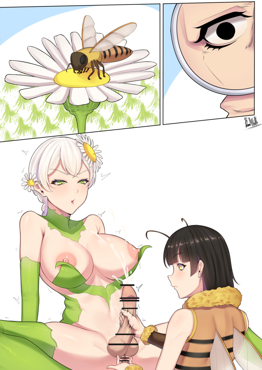 1futa 1girl 3koma antennae arthropod_girl artist_name band-width bar_censor bare_shoulders bee bee_girl black_eyes black_hair blunt_bangs braid breasts bug censored closed_mouth comic cum daisy_(flower) dress ejaculation elbow_gloves expressionless fingering flower full-package_futanari fur-trimmed_dress fur_trim futa_with_female futanari gloves green_eyes green_gloves green_legwear hair_flower hair_ornament handjob heart heart-shaped_pupils highres hime_cut insect insect_girl insect_wings large_breasts long_hair magnifying_glass mini_person minigirl monster_girl multiple_girls navel nipples open_mouth orange_dress orgasm original penis personification plant_girl pointless_censoring puffy_nipples pussy revealing_clothes single_braid spread_legs striped_clothes striped_dress symbol-shaped_pupils testicles thighhighs torogao trembling white_background white_flower white_hair wings yellow_eyes