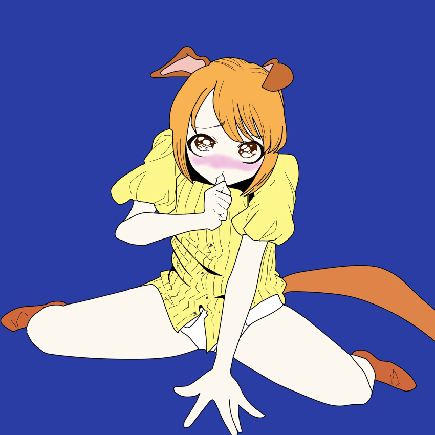 1girl 2024 absurdres animal_ears artist_request blue_background blush dog_ears dog_girl highres indie_virtual_youtuber kneeling loli looking_up nacho_chipu orange_hair panties shirt sitting solo sucking_thumb tail thumb_in_mouth underwear virtual_youtuber wariza white_panties yellow_shirt