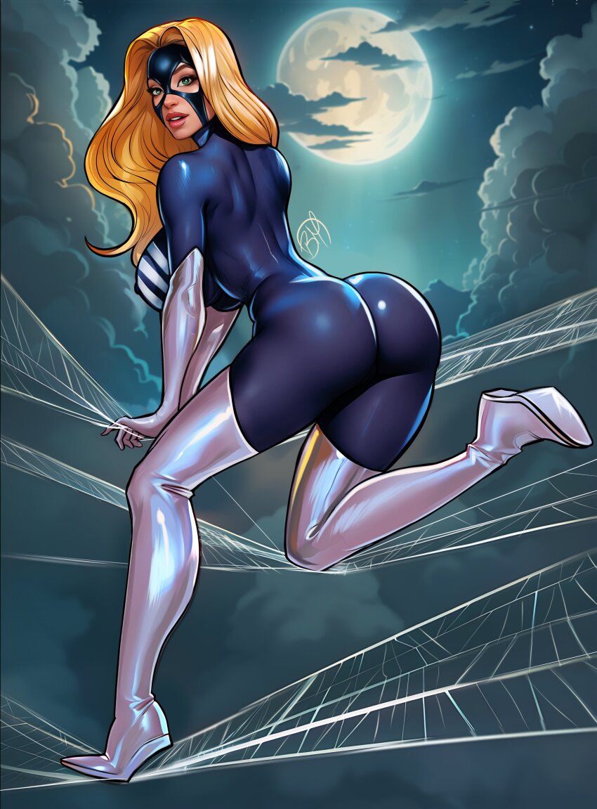 1girl absurdres ass black_bodysuit black_mask blonde_hair bodysuit boots breasts brian_miroglio cloud full_moon gloves green_eyes highres julia_carpenter large_breasts long_hair looking_at_viewer madame_web_(2024) marvel moon night outdoors signature silk solo sony&#039;s_spider-man_universe spider-man_(series) spider-woman spider_web thigh_boots white_boots white_gloves