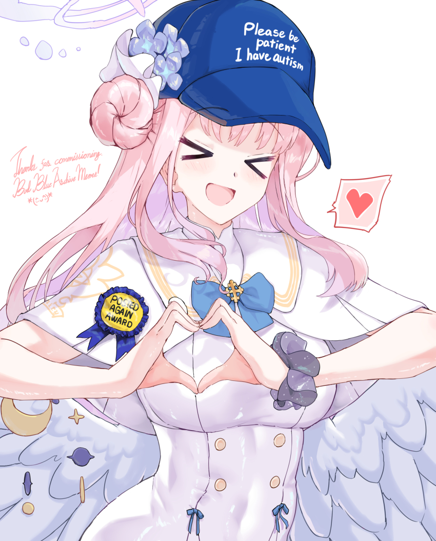 &gt;_&lt; 1girl :d absurdres award_ribbon blue_archive blue_bow blue_flower blue_hat blush bow capelet commission dress flower hair_bun hair_flower hair_ornament hat heart heart_hands highres long_hair meme meme_attire mika_(blue_archive) open_mouth pink_hair please_be_patient_i_have_autism_(meme) scrunchie sidelocks single_side_bun smile solo sunnysideup white_capelet white_dress white_scrunchie xd