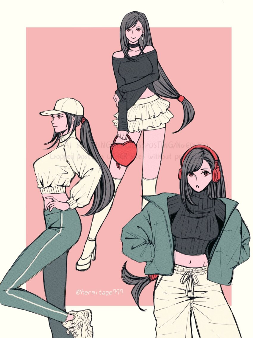 1girl alternate_costume bag bare_shoulders baseball_cap black_hair black_shirt black_sweater blue_jacket breasts closed_mouth collarbone cowboy_shot cropped_sweater fashion feet_out_of_frame final_fantasy final_fantasy_vii final_fantasy_vii_remake frilled_skirt frills from_side ha_lu77 hand_on_own_hip handbag hands_in_pockets hat headphones heart heart-shaped_bag highres holding holding_bag jacket large_breasts long_hair long_sleeves looking_at_viewer low-tied_long_hair medium_breasts midriff midriff_peek miniskirt multiple_views navel open_clothes open_jacket outside_border pants ponytail red_eyes ribbed_sweater shirt shoes skirt sleeveless sleeveless_turtleneck smile sneakers sweater swept_bangs thighhighs tifa_lockhart turtleneck turtleneck_sweater white_pants white_shoes white_skirt white_sweater white_thighhighs yoga_pants