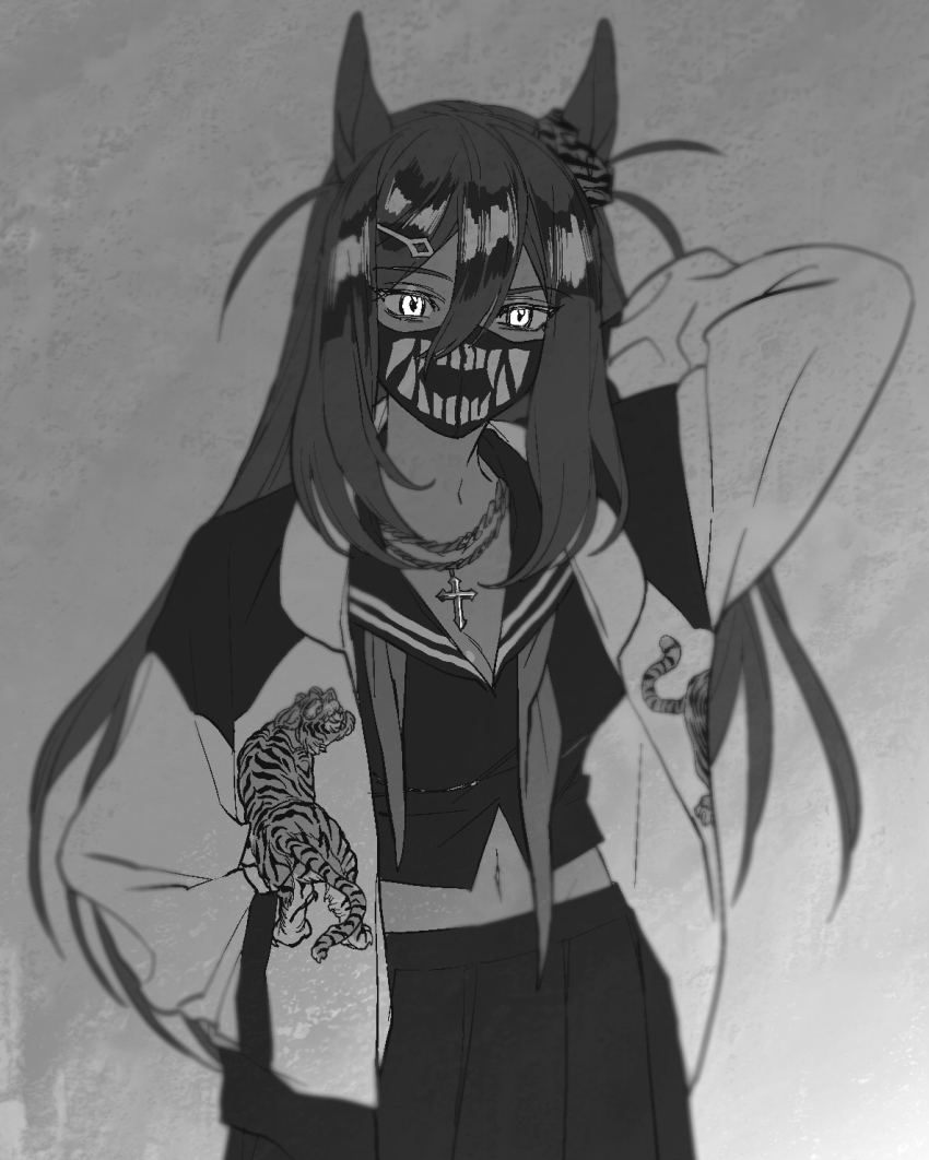 1girl animal_ears arm_behind_head blurry breasts cleavage crop_top cross_pendant depth_of_field ear_ornament hair_between_eyes hair_ornament hairclip hand_in_pocket highres hishi_amazon_(umamusume) horse_ears jacket long_hair long_sleeves looking_at_viewer mask midriff mouth_mask navel neckerchief ni_kogori open_clothes open_jacket sailor_collar shirt skirt small_breasts solo sukajan umamusume undone_neckerchief upper_body