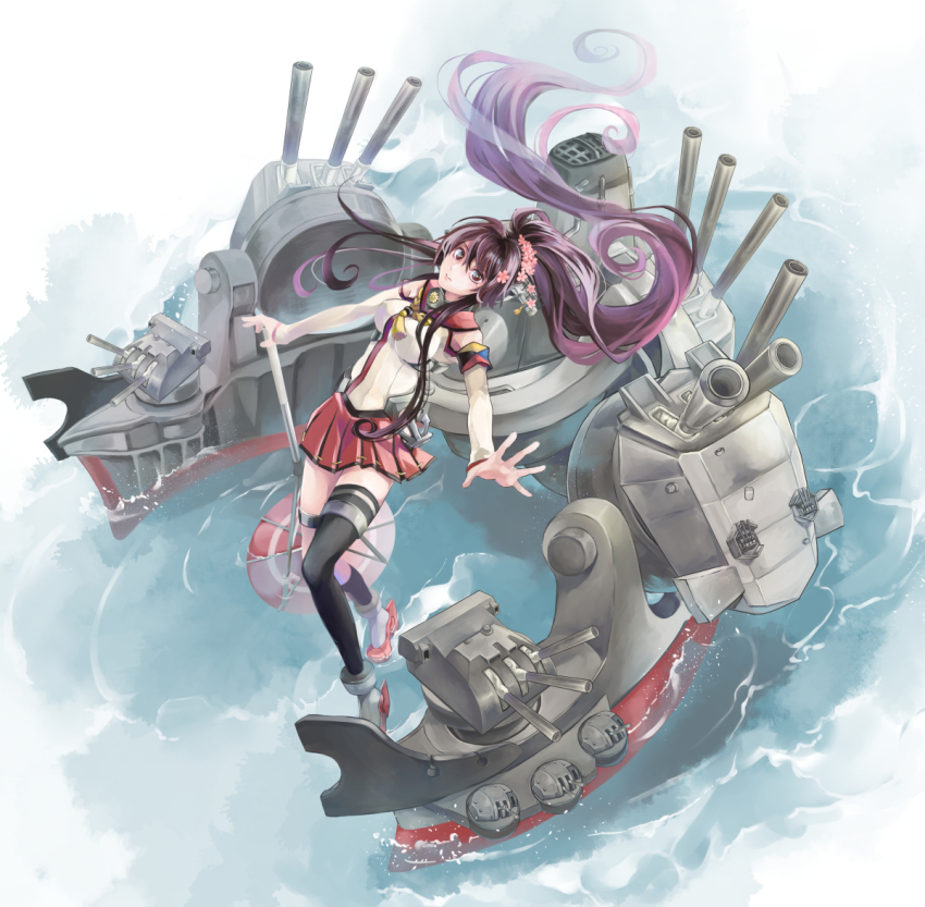 1girl anchor armband breasts brown_eyes cannon cherry_blossoms detached_sleeves female_focus flower from_above full_body hair_between_eyes hair_flower hair_intakes hair_ornament headgear high_heels himerinco hip_vent kantai_collection large_breasts long_hair miniskirt oil-paper_umbrella pleated_skirt ponytail purple_hair red_skirt red_umbrella rigging rudder_footwear ship_turret single_thighhigh skirt smokestack solo standing standing_on_liquid thigh_strap thighhighs umbrella very_long_hair yamato_(kancolle) z-flag