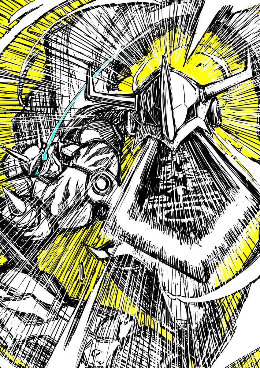 arm_blade arm_cannon blue_eyes cape digimoji digimon digimon_(creature) digimon_adventure digimon_adventure:_bokura_no_war_game eikenkobayashi eye_trail glowing glowing_eye greyscale_with_colored_background highres incoming_attack light_trail mecha monochrome motion_lines omegamon robot simple_background solo speed_lines spot_color sword weapon yellow_background