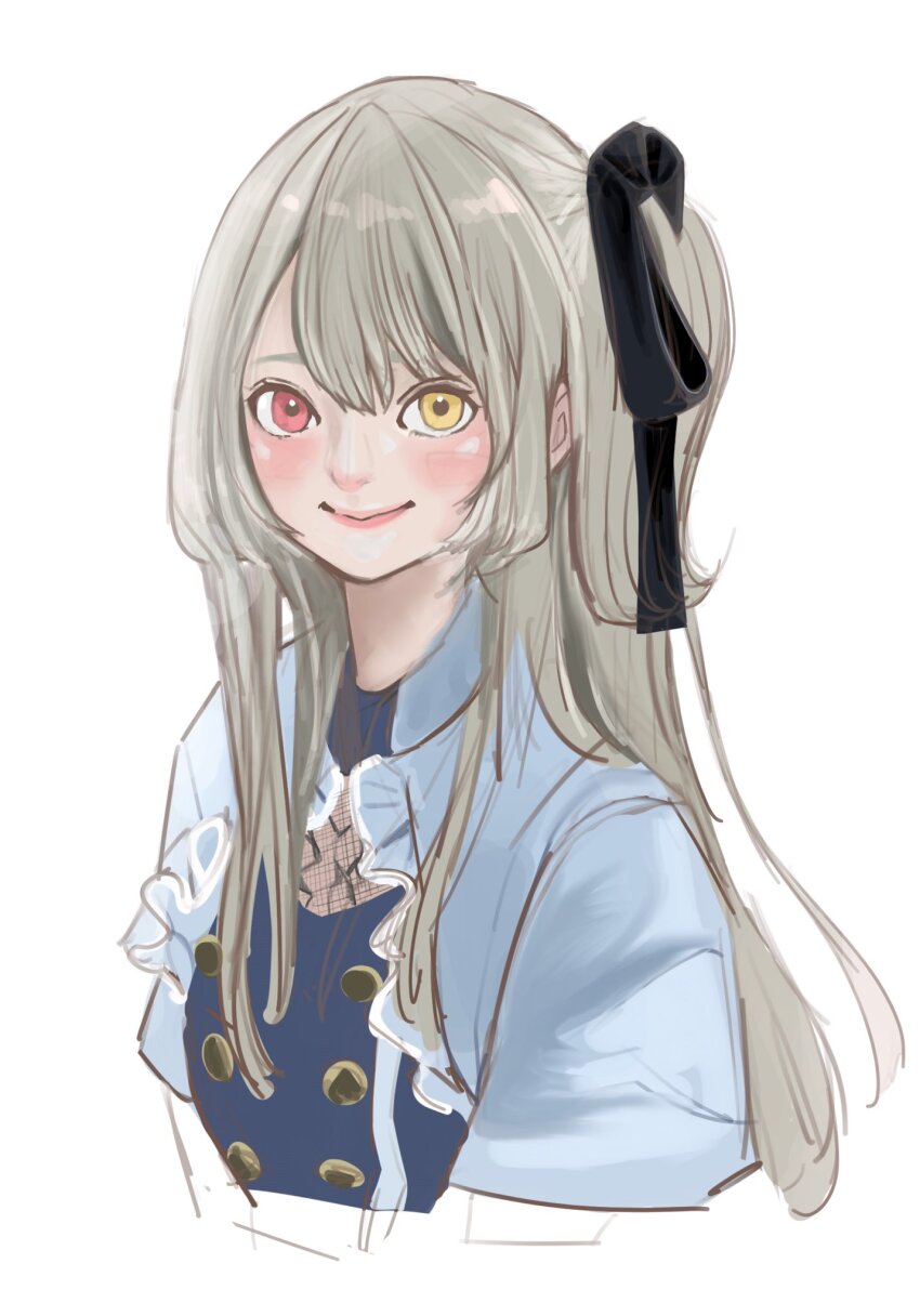 1girl arms_at_sides assault_lily black_ribbon blue_shirt blush brown_hair buttons closed_mouth commentary_request cropped_arms cropped_torso frilled_shirt frills grey_shirt hair_between_eyes hair_ribbon heterochromia highres kuo_shenlin long_hair long_sleeves looking_at_viewer official_alternate_costume one_side_up red_eyes ribbon sally_(allogkk) shirt short_sleeves simple_background sketch smile solo two-tone_shirt white_background yellow_eyes