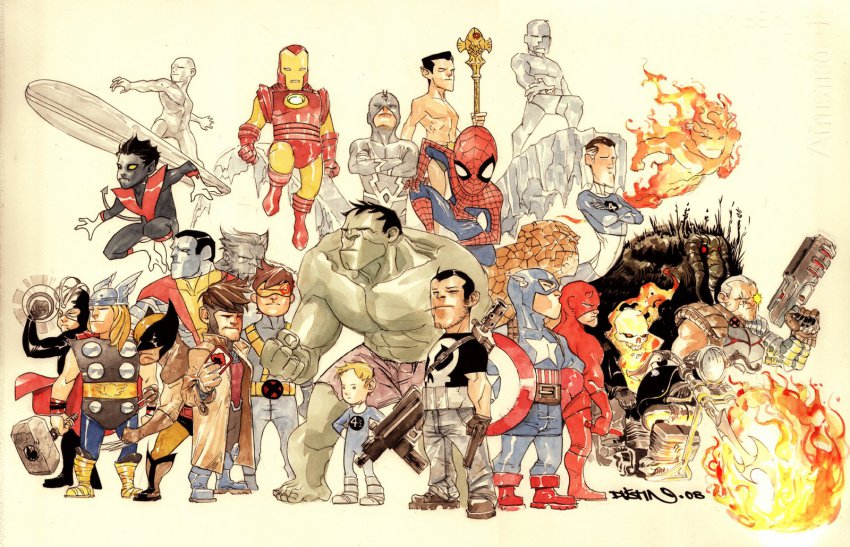 10s avengers_(series) beast_(x-men) black_bolt cable cape captain_america colossus cyclops daredevil everyone fire franklin_richards gambit ghost_rider havok highres holding holding_weapon hulk human_torch iceman_(x-men) iron_man man-thing marvel muscular namor nightcrawler one-eyed reed_richards silver_surfer spider-man spider-man_(series) spiderman_(series) tail the_punisher_(series) thor_(marvel) weapon wolverine_(x-men) x-men