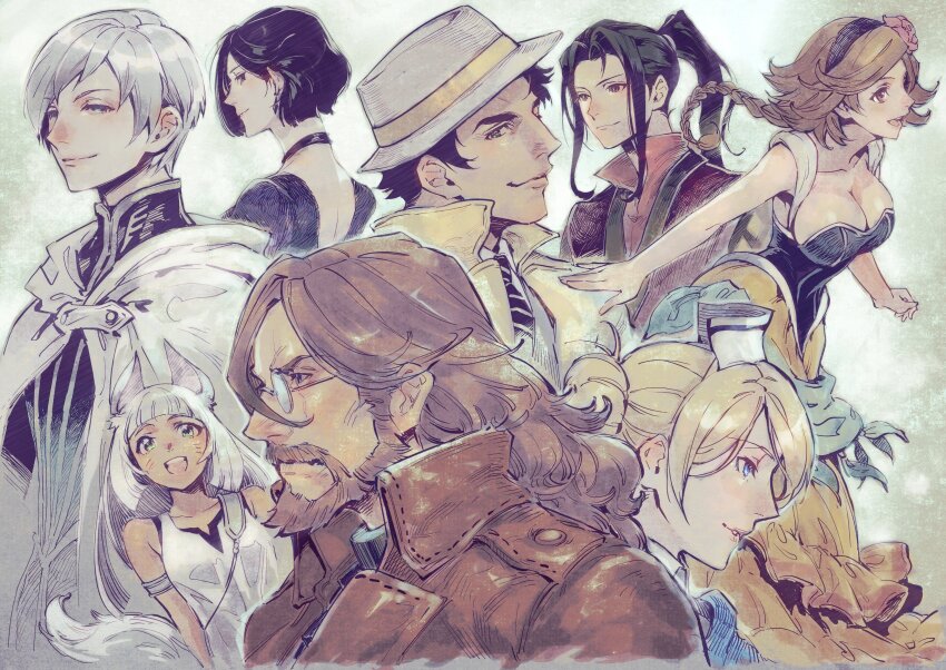 4boys 4girls absurdres agnea_bristarni animal_ears arm_up armlet bare_shoulders beard black_choker black_dress black_hair blonde_hair boater_hat braid breasts brown_coat brown_eyes brown_hair cape castti_florenz choker cleavage coat collarbone commentary_request dress ear_piercing earrings facial_hair facial_mark flower frilled_skirt frills glasses grey_eyes hair_behind_ear hair_bun hair_intakes hat high_collar highres hikari_ku jewelry kin_mokusei long_hair mature_male multicolored_dress multiple_boys multiple_girls necktie nurse_cap ochette_(octopath_traveler) octopath_traveler octopath_traveler_ii open_mouth osvald_v._vanstein outstretched_arm partitio_yellowil piercing ponytail popped_collar red_flower red_rose rimless_eyewear rose round_eyewear short_hair single_braid single_hair_bun skirt smile striped_necktie tail teeth temenos_mistral throne_anguis upper_teeth_only whisker_markings white_cape white_dress white_hair white_hat wing_collar yellow_coat