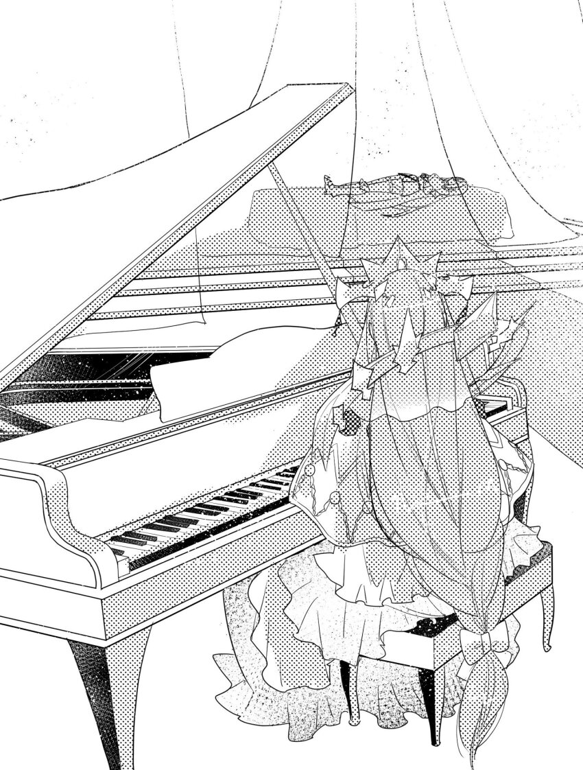 2girls alear_(female)_(fire_emblem) alear_(fire_emblem) fire_emblem fire_emblem_engage grand_piano highres illust_mi instrument lumera_(fire_emblem) lying mother_and_daughter multiple_girls nintendo on_back on_bed piano sleeping solo_focus step-parent_and_step-child